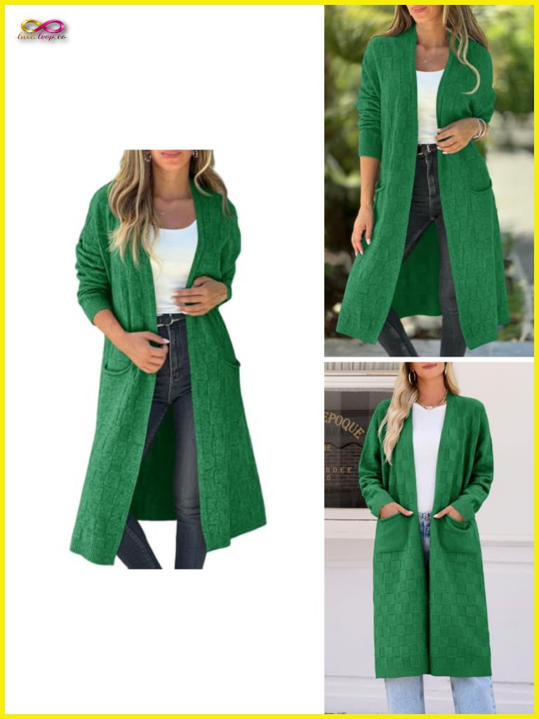 Oversized Open Front Checkered Knit Cardigan With Pockets Long Sleeve V-Neck